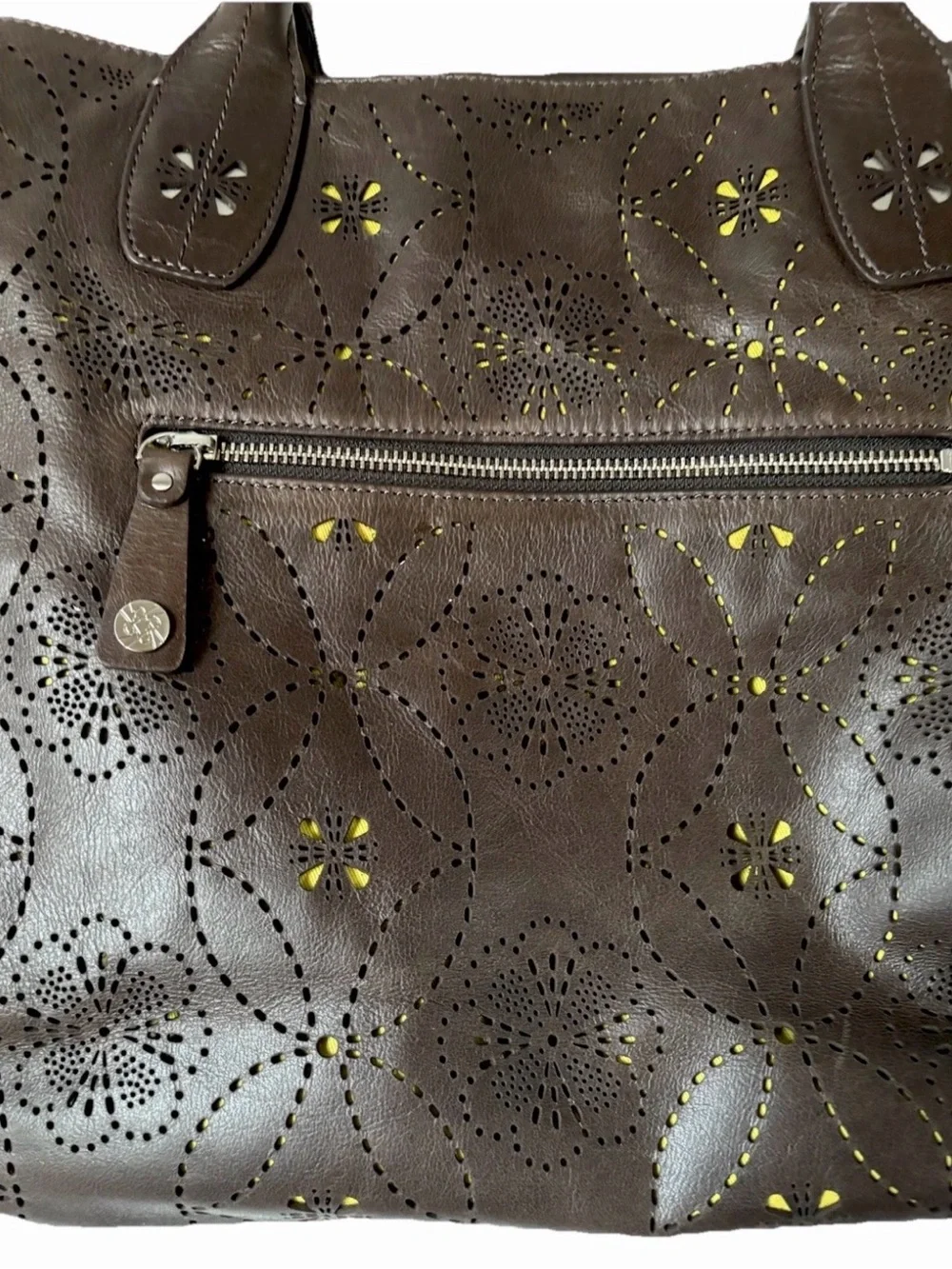 Petunia Pickle Bottom Brown Pierced Leather Floral Lime Lining Diaper Bag Tote